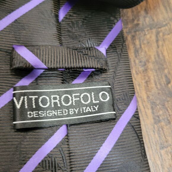 Vitorofolo Mens Necktie 3.5 Inched Wide Blak Purple Striped Floral Micro Fiber - Picture 2 of 6
